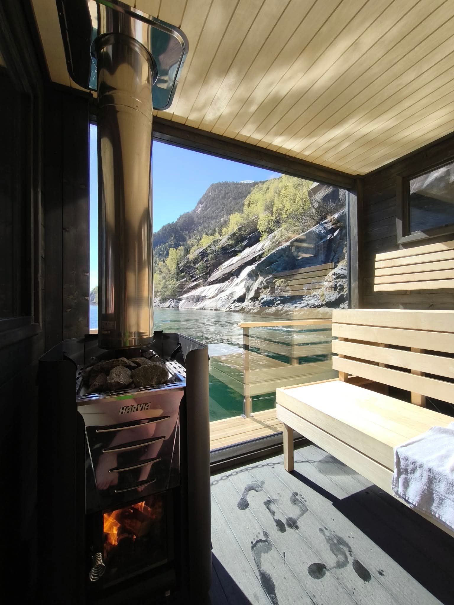 Floating sauna in the fjord at Odda